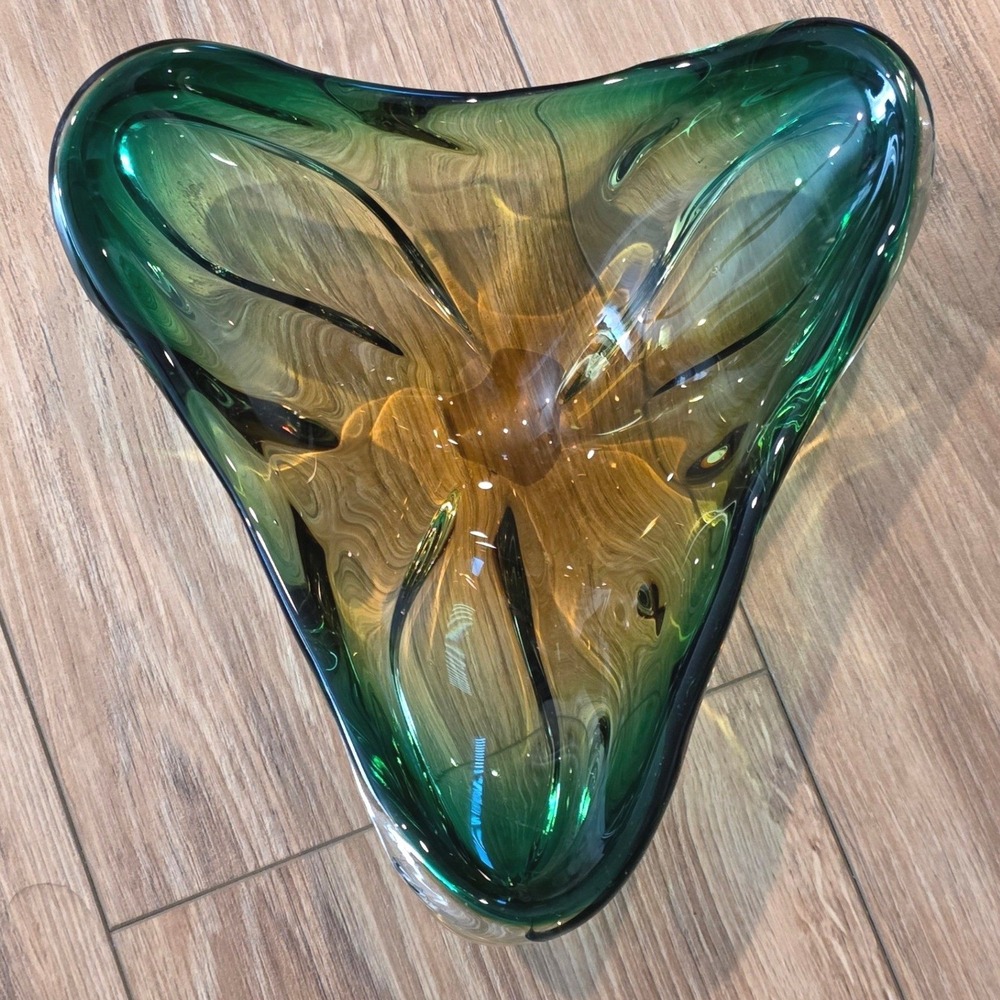 MCM Art Glass Bowl Green Amber Tri-Cornered Heavy Home Decor Centerpiece 10.5"